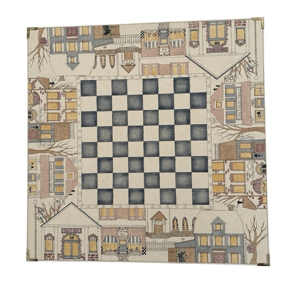 Chess and Checkers Game Board Folk Art Style Illustration of Town Square 15 x 15 - Picture 9 of 9